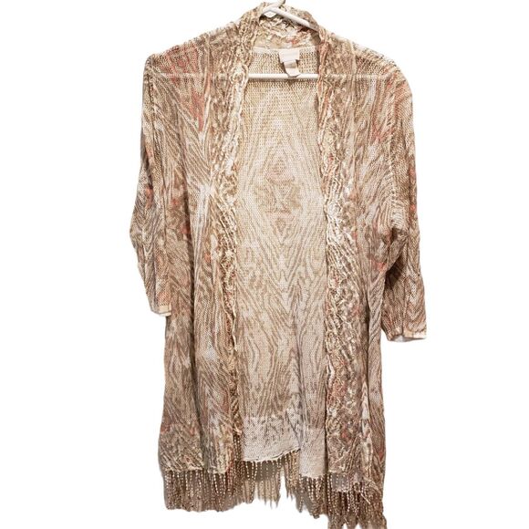 CHICO’S Beige Peach Net Lace Open Front 3/4 Sleeve Cardigan Women Size 3 Linen - Picture 3 of 10